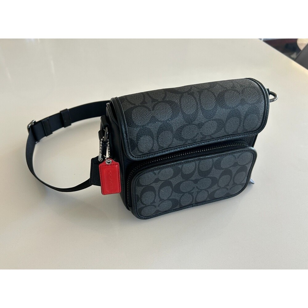 Coach Signature Charcoal Black Crossbody Belt Bag Zip Pocket Flap Red Hangtag